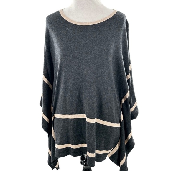 August silk petite womens sweater size PM charcoal gray striped old money poncho - Picture 10 of 10